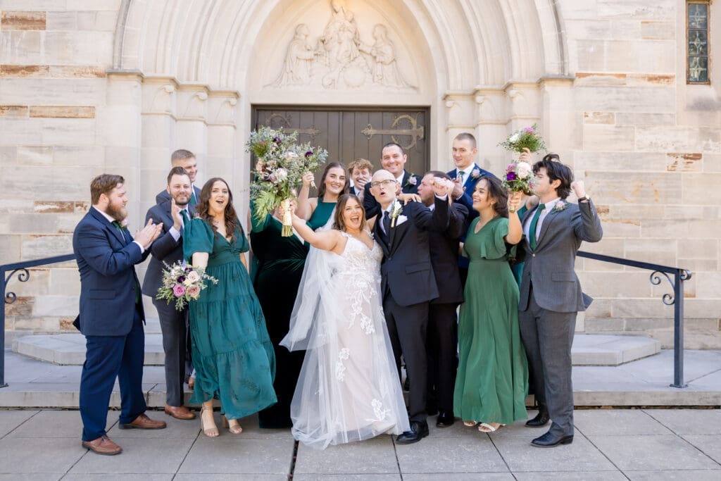 Newlywed bridal portraits outside Holy Rosary Catholic Church in Houston, Texas