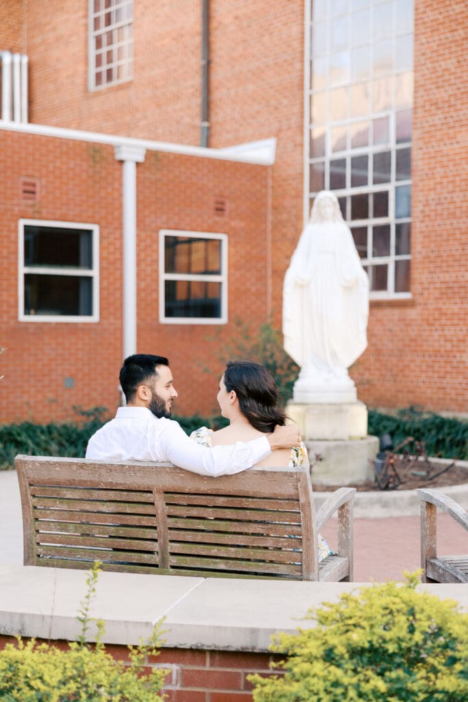 Engagement session greenery and architecture near St. Mary’s Catholic Center College Station

