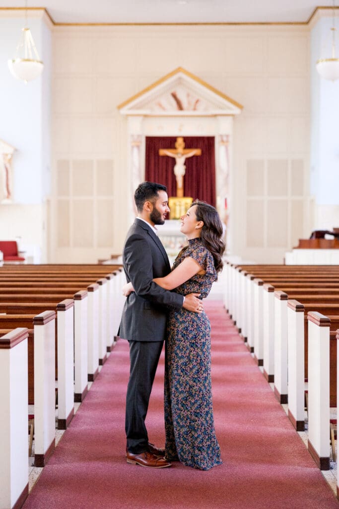 Engagement session inside St. Mary’s Catholic Center College Station old church

