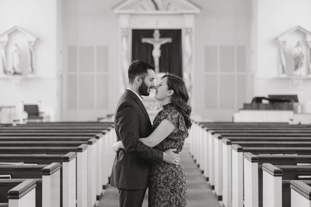 Engagement session inside St. Mary’s Catholic Center College Station old church

