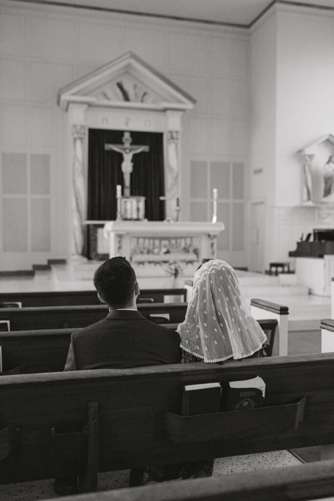 Engagement session inside St. Mary’s Catholic Center College Station old church

