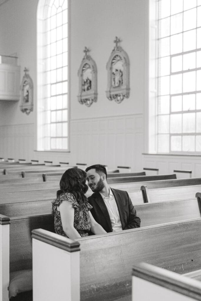 Engagement session inside St. Mary’s Catholic Center College Station old church


