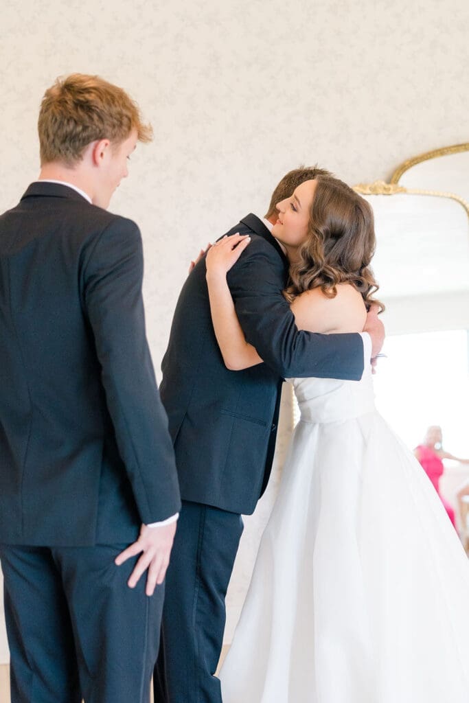 Bride getting ready at bridal suite before Catholic church wedding in Texas