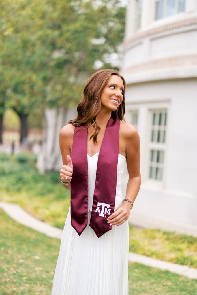 Aggie grad photo location at the historic YMCA Building on Texas A&M campus