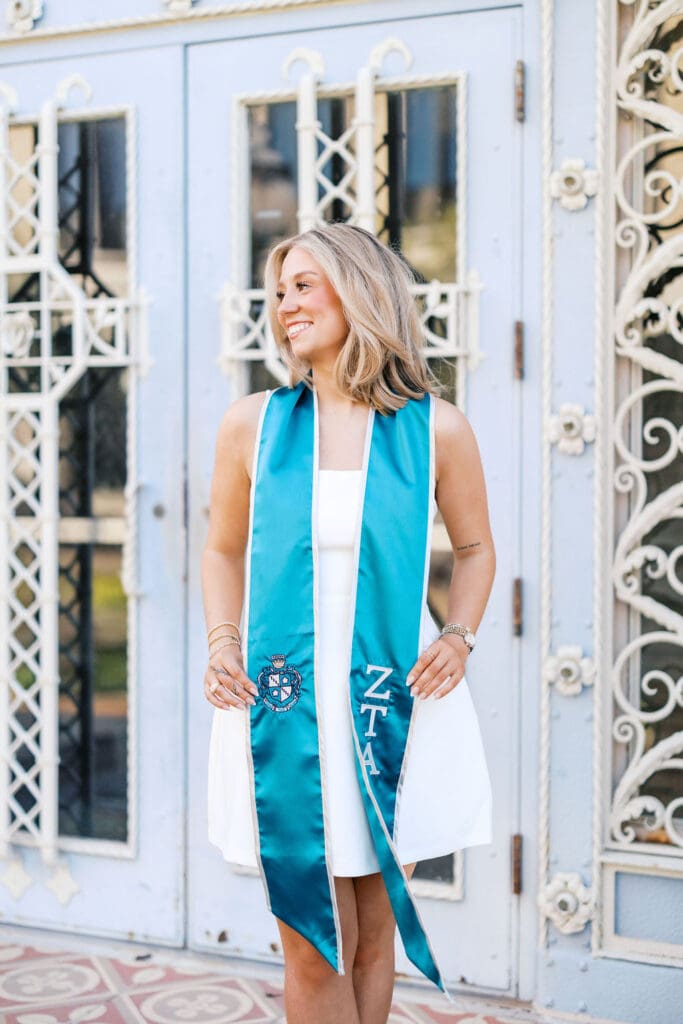 Graduation photo at Scoates Hall, Texas A&M