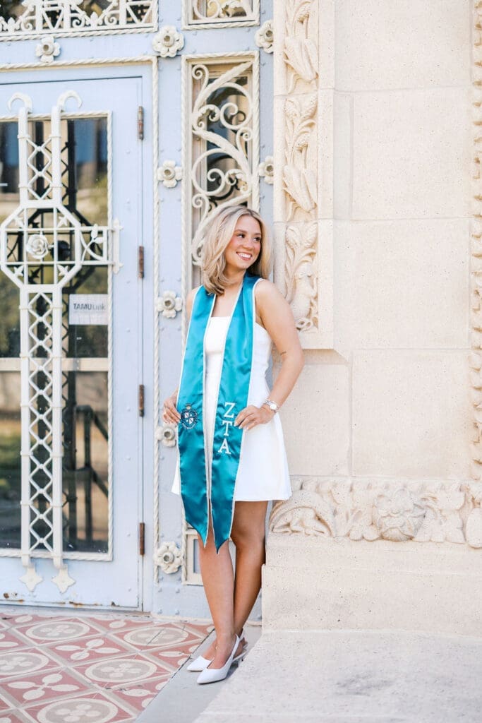 Graduation photo at Scoates Hall, Texas A&M