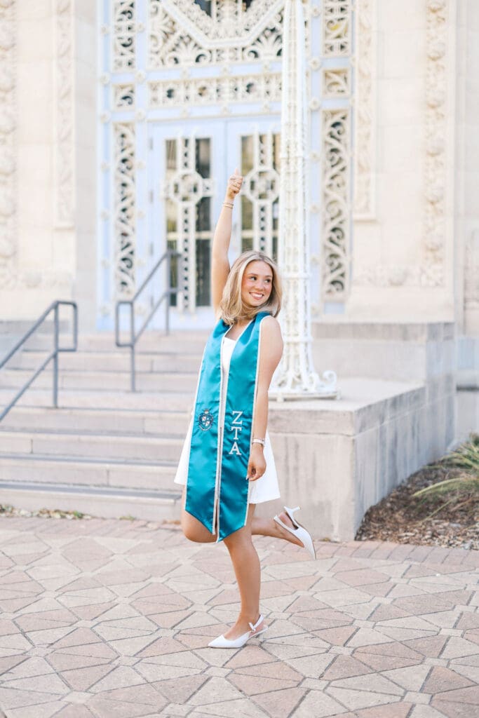 Graduation photo at Scoates Hall, Texas A&M